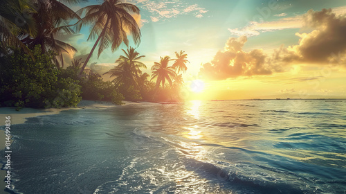 Tropical beach at sunset with palm trees and serene ocean © standret