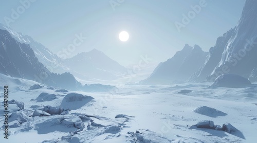 Frozen wasteland with snow-covered mountains in the background.