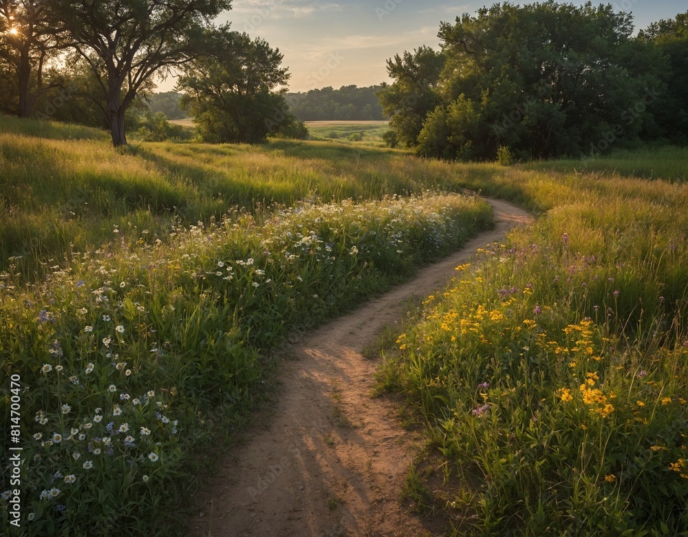 Savor the tranquility of a countryside path lined with wildflowers and tall grass.