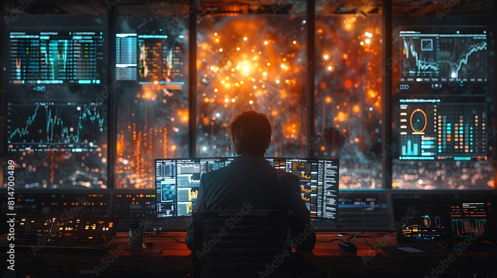 Man forced on financial live trading using multiple computer screens Man forced on financial live trading using multiple computer screens