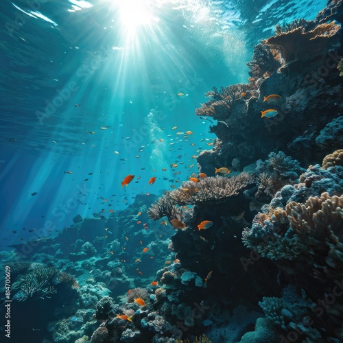 Vibrant Coral Reef Teeming with Marine Life Under Sunlight