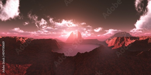 Mars at sunset  panorama of Mars  alien landscape  a panorama of a surface of another planet  3D rendering