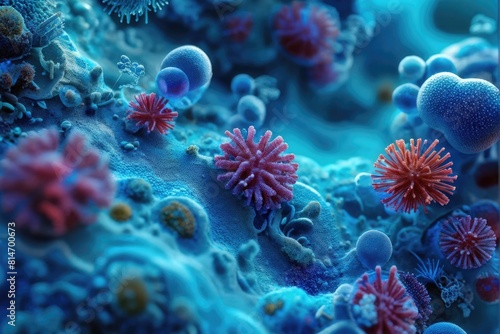 Digital rendering of green bacteria with red flagella on a deep blue backdrop