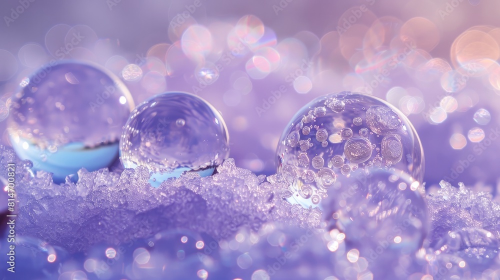 Fantastic abstract background with close-ups of translucent soap bubbles frozen on a pile of crushed ice on a hazy purple background Fantastic abstract background with close-ups of translucent soap bubbles frozen on a pile of crushed ice on a hazy purple background
