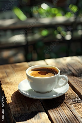 a cup of coffee on a wooden table. selective focus