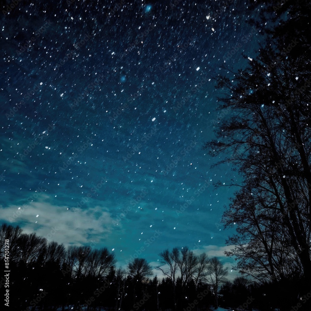 Naklejka premium Magical Winter Night with Starry Sky Over Snowy Landscape
