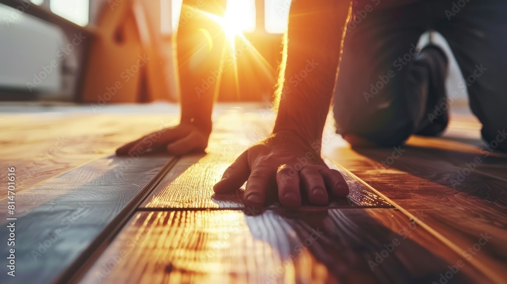 man laying laminate flooring. selective focus man laying laminate flooring. selective focus