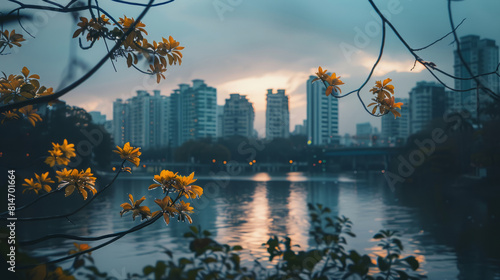 Golden flowers bloom over serene cityscape at dusk