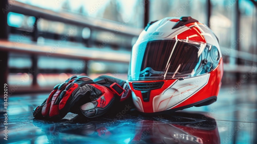 Fototapeta premium motorcycle helmet and gloves. selective focus