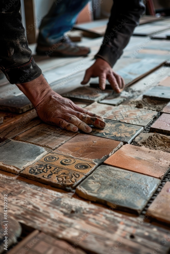 man lay tiles. selective focus man lay tiles. selective focus