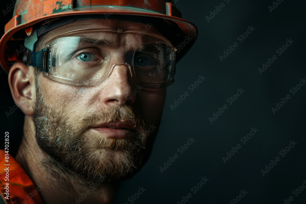 Close-up portrait of a construction worker wearing safety gear Close-up portrait of a construction worker wearing safety gear