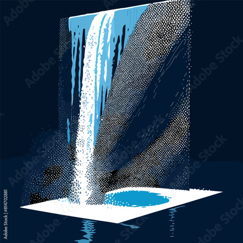 Vector business concept illustration with business people standing and watching at big great finance waterfall with money signs and symbols on blue background. Wealth, success, team work metaphor.