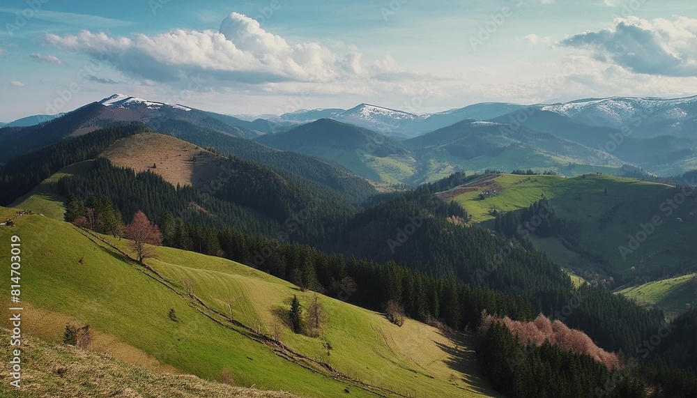 wonderful springtime landscape in mountains a sunny day view of grassy slopes and forested hills wild scenery carpathian romania europe
