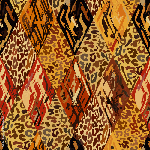 Bright seamless vector ethnic african pattern with leopard skin in warm colors.