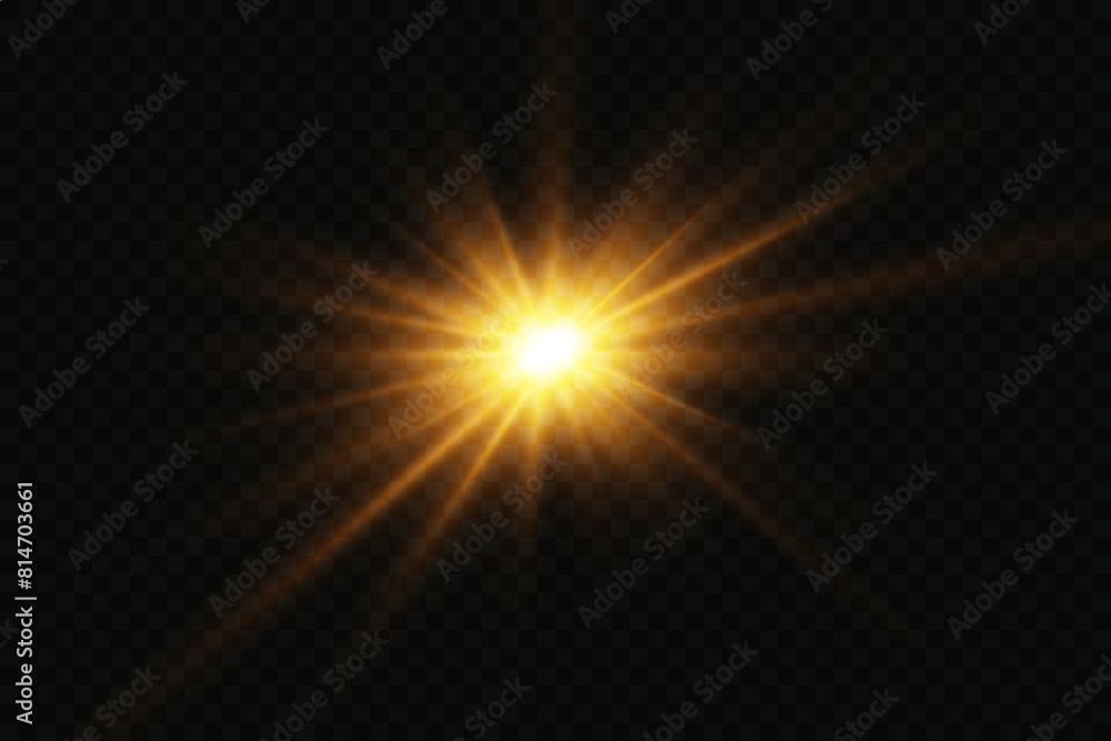 Vector burst of golden light. The radiance of the sun, the rays of the sun, dawn, sunrise. Lighting on a transparent background.