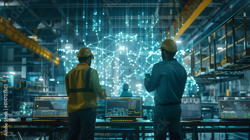 Concept of Futuristic Technology: Artificial intelligence software Engineers and finance Workers in a digitalized financial stock market with Graphics into Digital Twin of finance Industry