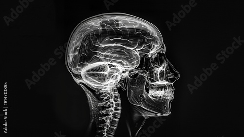 The image shows a detailed view of a skeletons head with the brain visible. The intricate structure and complexity of the brain are highlighted, providing a fascinating insight into the workings. photo