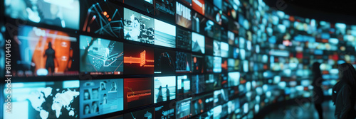 A wall of digital screens displaying various media content  representing the wide range and diversity in video marketing solutions.