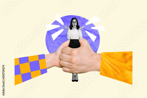 Schilderij op canvas Collage image sketch of huge arm palm hold shocked terrified woman dictatorship