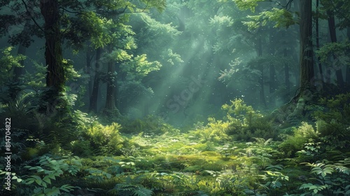 beautiful lush green forest with sunlight streaming through the trees