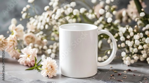 Classic white 11oz mug on a slate grey background, surrounded by soft, pastelcolored flowers, elegant studio lighting, highkey photo photo