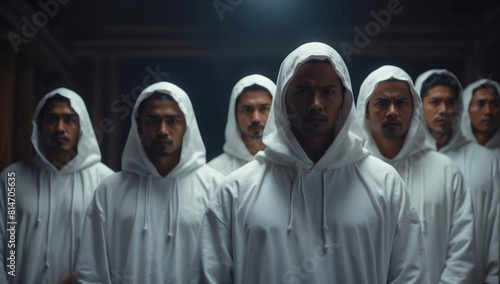 Cult members in white hoodies photo