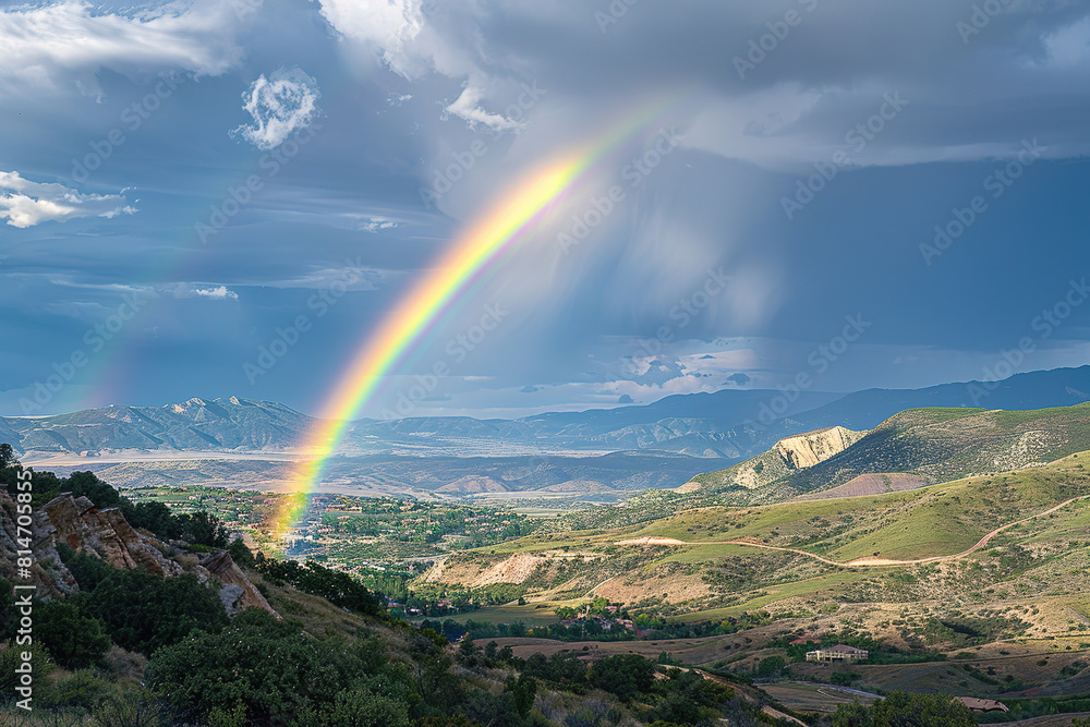landscape with a featuring a vibrant rainbow over a picturesque valley landscape with a featuring a vibrant rainbow over a picturesque valley