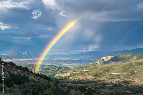 landscape with a featuring a vibrant rainbow over a picturesque valley