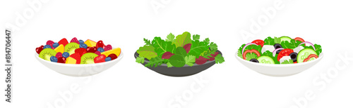 Set of salads with fresh vegetables and fruits. Greek salad with cheese, salad with fruits and berries, mix of green leaf vegetables in plate. V cartoon flat illustration of healthy food. 