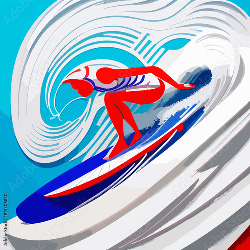 Summer cruise banner with surfer girl. Vector poster with special offer for travel tour to tropical sea with cartoon illustration of woman riding ocean wave on surf board.