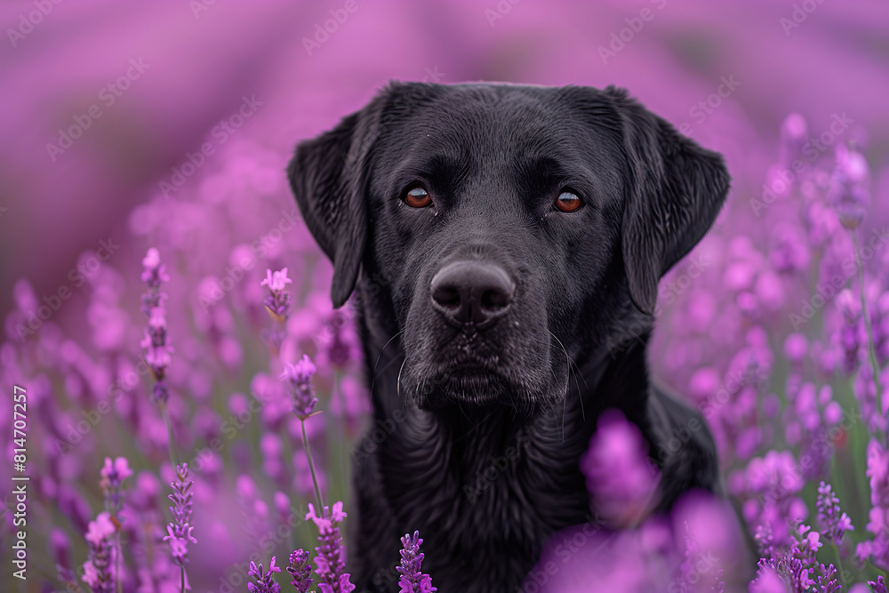 A black labrador standing in a purple lavender field