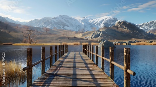 wooden bridge over lake in the mountains
