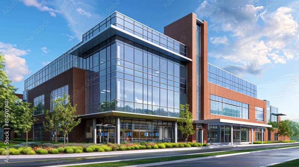 Fototapeta premium modern office building with a glass front and a brick exterior.