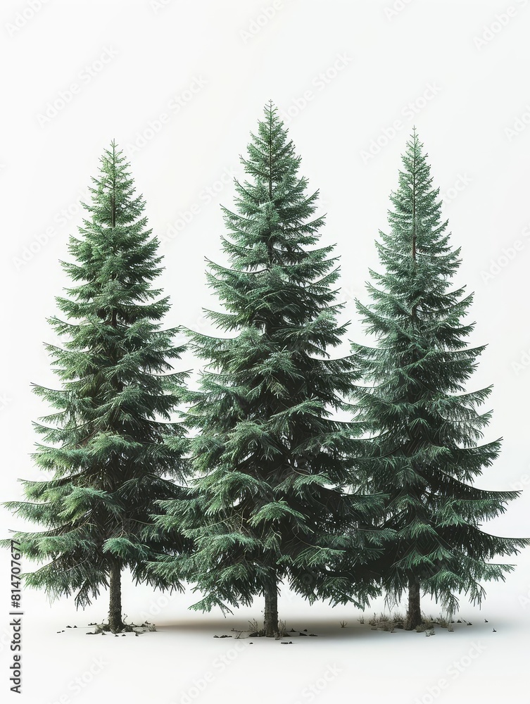 Photorealistic render of three pine trees on a white background