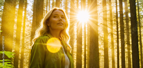 A woman enjoys the sun while walking in the forest