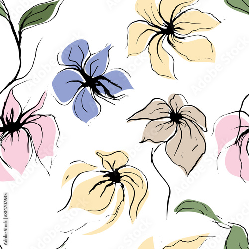Botanical art seamless pattern with flowers. Modern creative design. Vector illustration.
