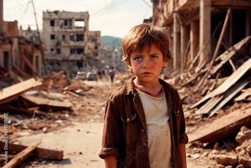 Small sad boy  looking at the destrction brought by war and conflict to his city