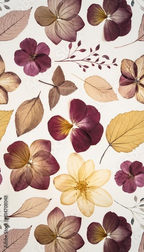 floral seamless pattern with pressed flowers and leaves burgundy and delicate yellow colors watercolor print in vintage herbarium style illustration for textile wallpaper or wrapping paper