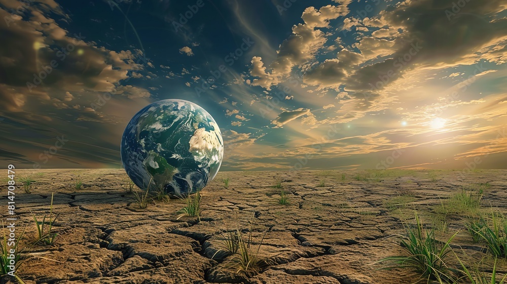 An illustration of earth sitting on a vast dry and brittle land