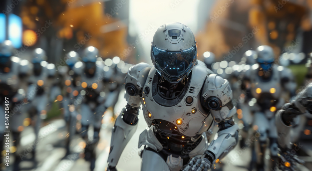 Multiple robots moving down urban sidewalk in a row. Multiple robots moving down urban sidewalk in a row.