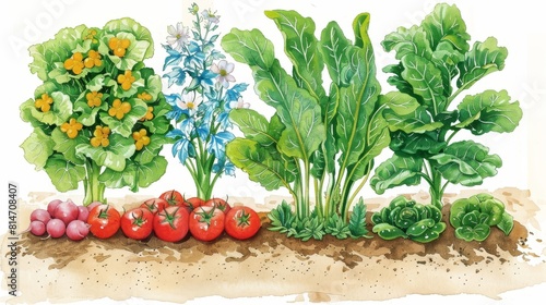 Botanical illustration of a vegetable garden, ideal for educational content and gardening guides.