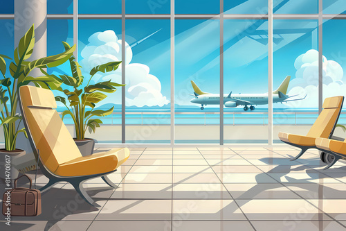 An airport lounge with seats and a plane in the background. Journey. Vector illustration. photo