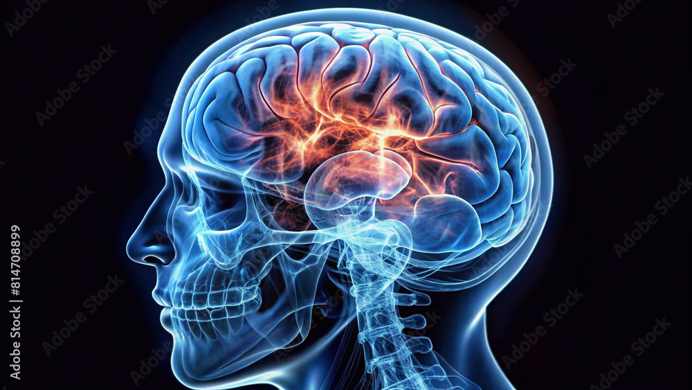 An x-ray of the internal system reveals the side of the brain. An x-ray of the internal system reveals the side of the brain.