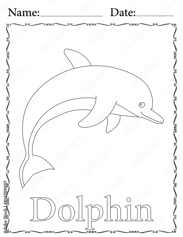 Fototapeta premium Dolphin Coloring Page. Printable Coloring Worksheet for Kids. Educational Resources for School and Preschool.