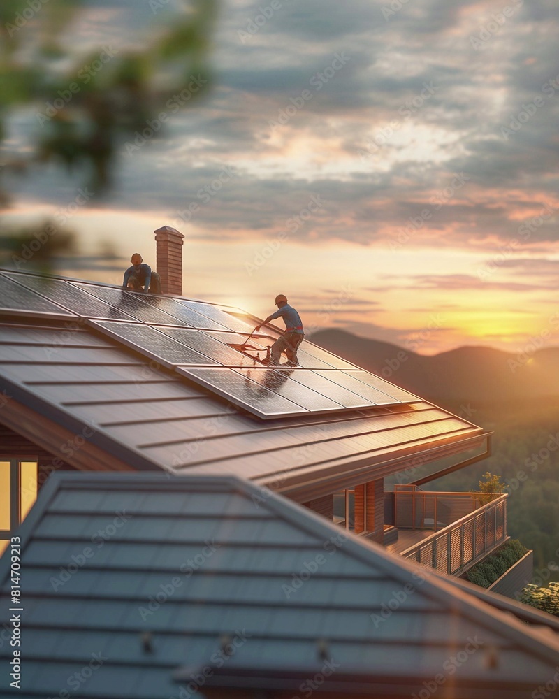 A group of workers install solar panels on the roof of a modern house. Concept of renewable energy, smart home. Against the backdrop of the sunset. A group of workers install solar panels on the roof of a modern house. Concept of renewable energy, smart home. Against the backdrop of the sunset.