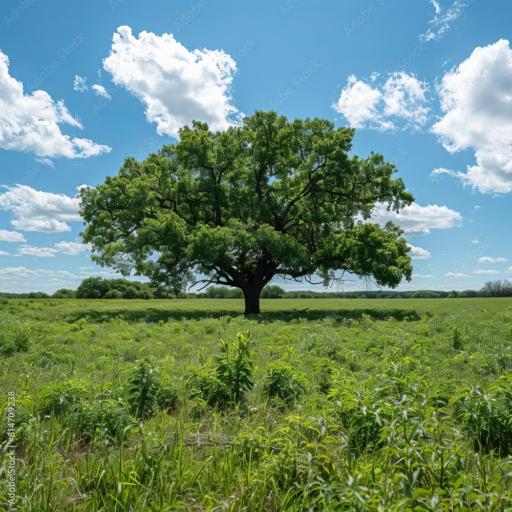 A large, majestic oak tree stands alone in a field of green grass A large, majestic oak tree stands alone in a field of green grass