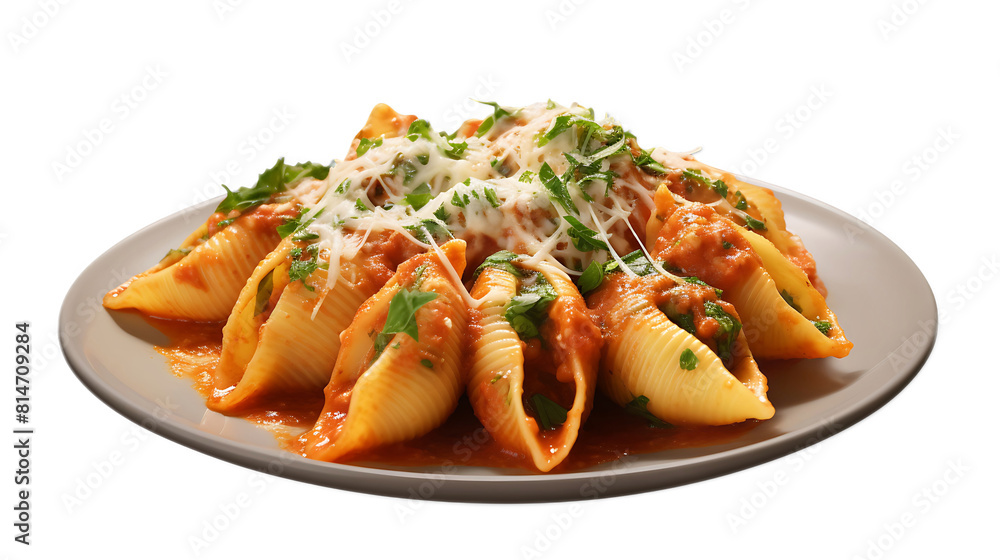 A spinach and ricotta stuffed pasta shells with marinara sauce and a transparent background. A spinach and ricotta stuffed pasta shells with marinara sauce and a transparent background.
