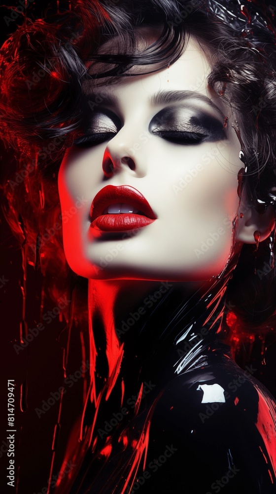 3D rendering, Fashion portrait of a beautiful young woman in black latex clothes, with red glossy lips, with red paint on her face, vertical 3D rendering, Fashion portrait of a beautiful young woman in black latex clothes, with red glossy lips, with red paint on her face, vertical