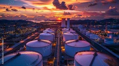 Large storage tanks containing raw chemical materials at an industrial site, with a sunset backdrop photo