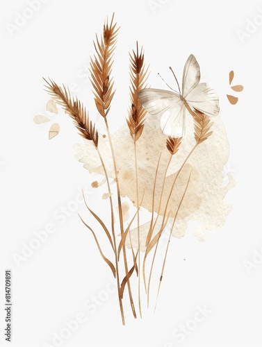 Whimsical Watercolor Wheat Stalks and Butterflies on White Generative AI